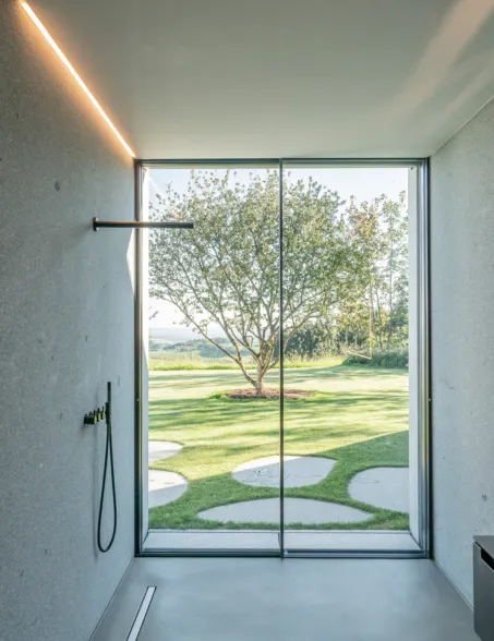 granite shower with view into the garden