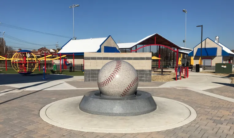 Floating granite sphere with engraved baseball design