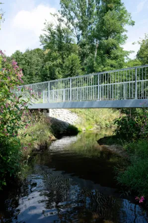 Cycle path bridge in an idyllic river landscape