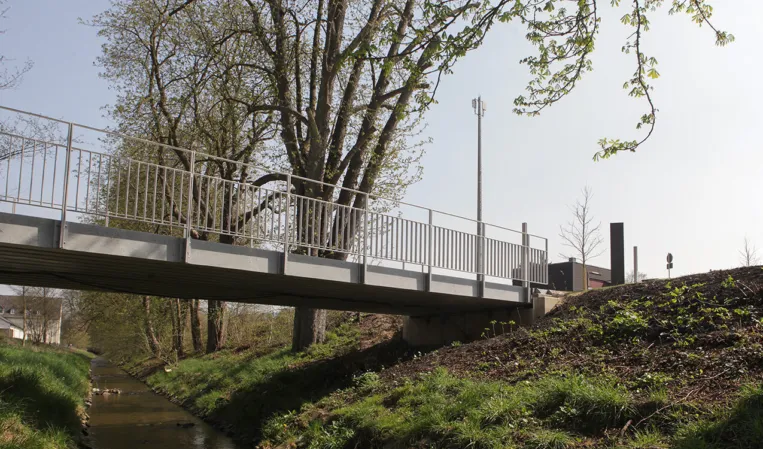 Pedestrian bridge with side-mounted railing