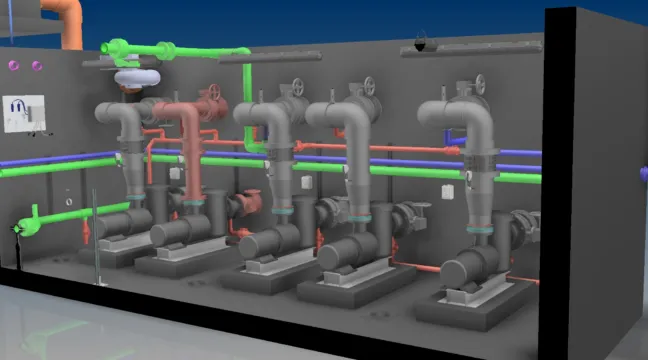 3D rendering of a water technology system with pumps, valves and interconnected pipes