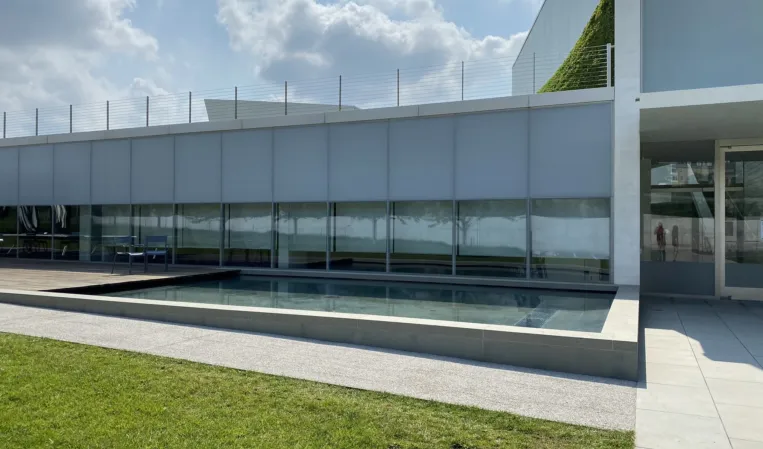 Rectangular reflecting pool surrounded by greenery beside a modern white building