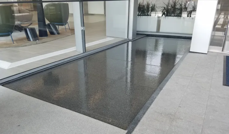 Rectangular reflecting pool with dark granite lining in a modern glass-walled courtyard
