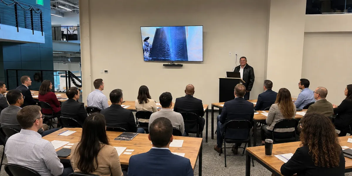 lunch and learn meeting with a business man holding a presentation