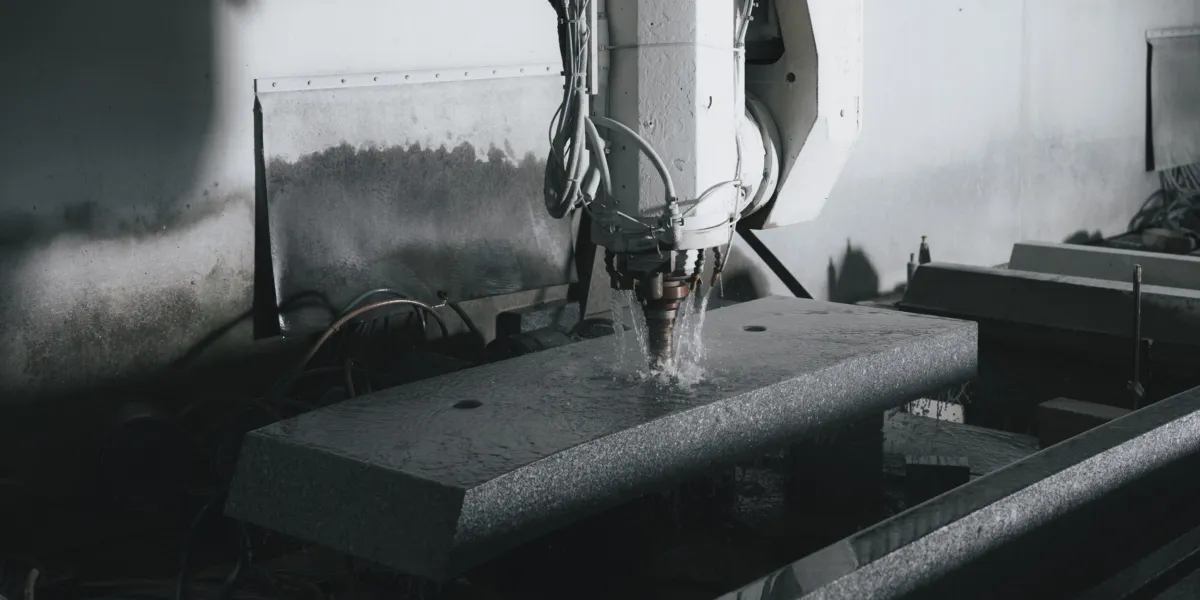 CNC machine precisely cutting a granite slab with water cooling